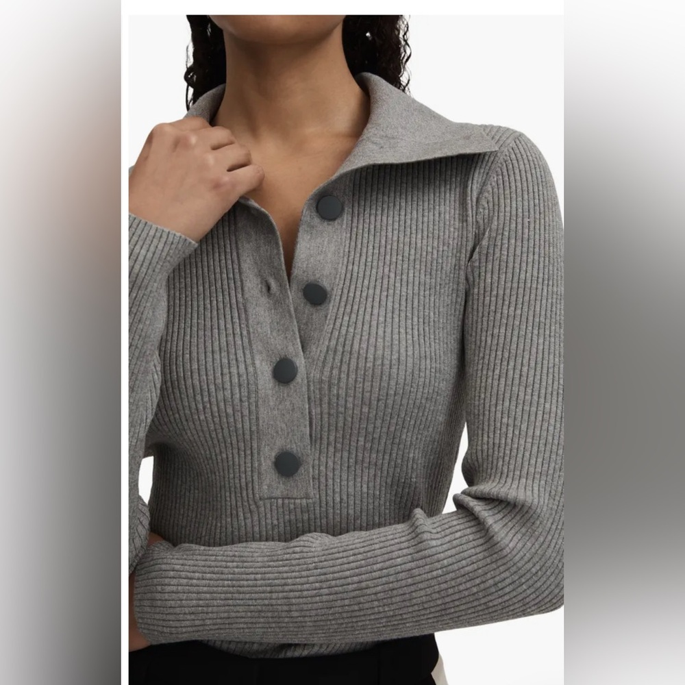 Reiss Grey Ribbed Knit Polo Top Button Front Long Sleeve Size S - Picture 1 of 11